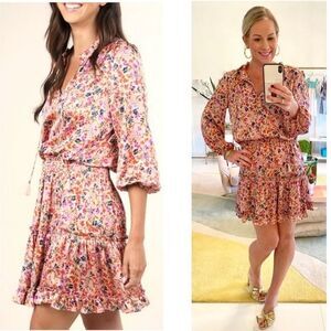 Love stitch Pink Floral Smocked Waist Tiered Ruffle Dress with Tassel Tie Medium